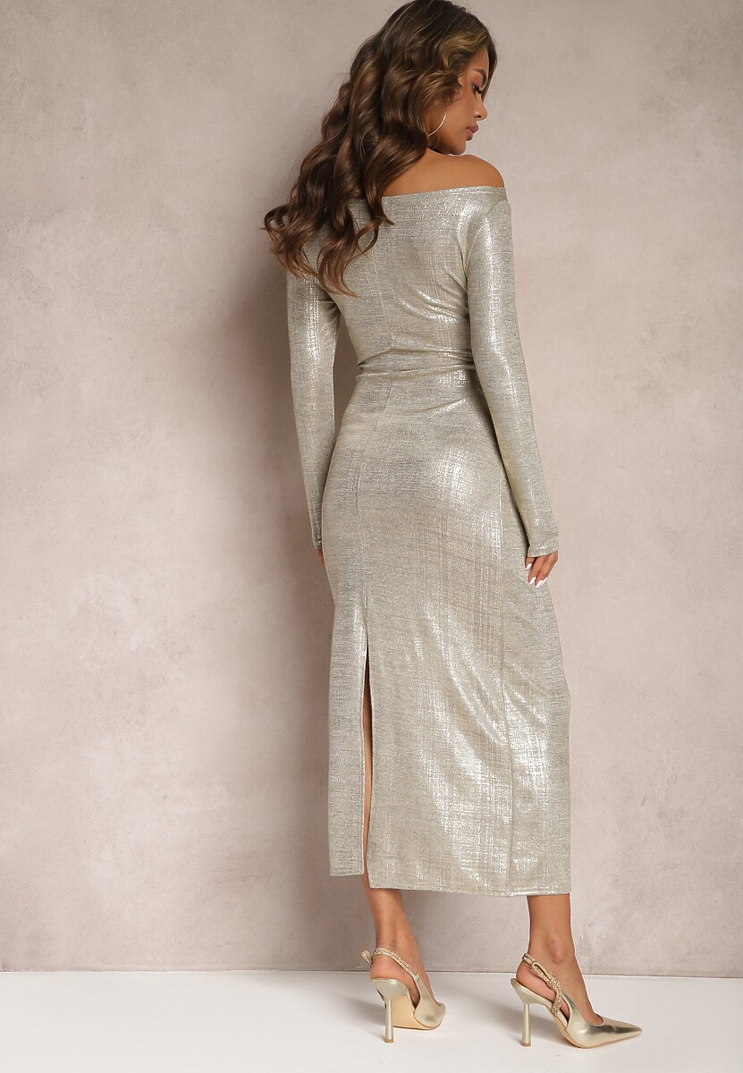 Złota Połyskująca Sukienka Maxi z Wiązanym Paskiem Graice