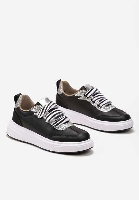 Czarne Sneakersy z Brokatową i Metaliczną Wstawką i Zapięciem na Rzep Tinarima
