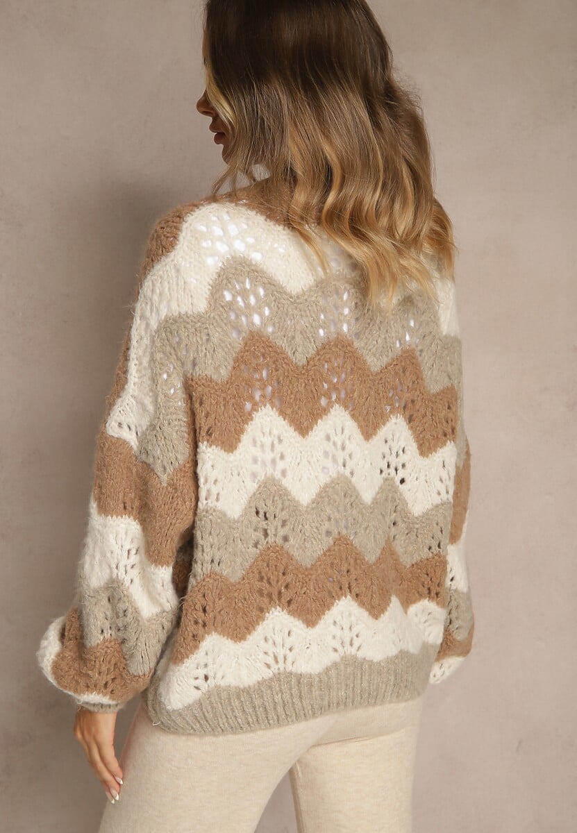 Beżowo-Brązowy Kardigan z Domieszką Wełny i Wiskozy o Ażurowym Splocie Esina