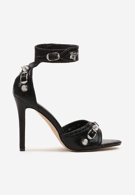 Czarne Sandały na Szpilce z Ozdobnym Suwakiem i Metalicznymi Klamrami Zefine