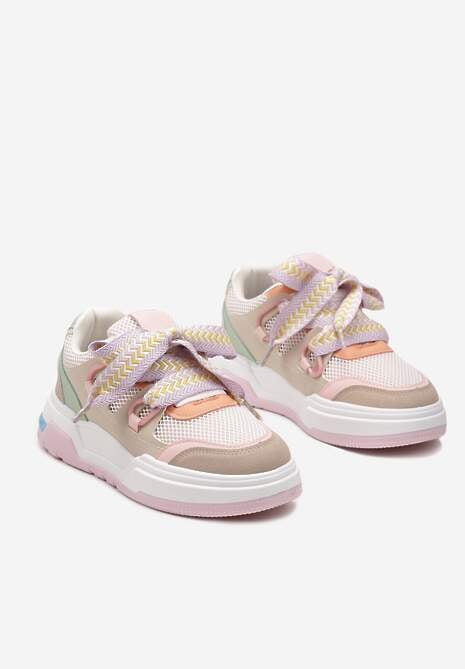 Różowo-Beżowe Sneakersy na Grubej Podeszwie z Ozdobnymi Sznurówkami Zeldema