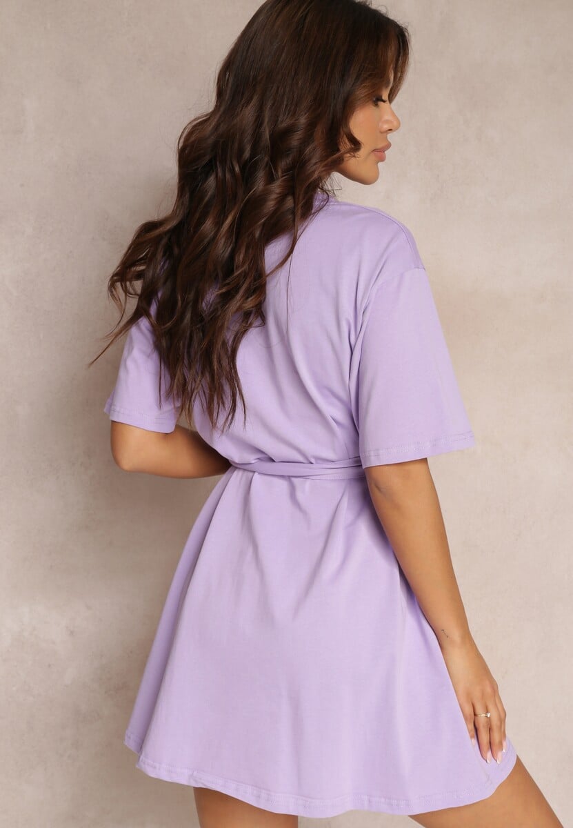 Fioletowa Rozkloszowana Sukienka Mini z Bawełny z Dodatkowym Paskiem Seibeia