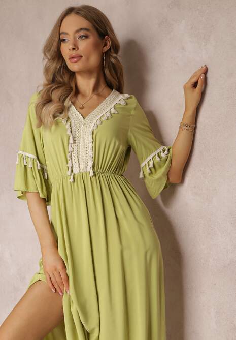 Jasnozielona Sukienka Maxi z Gumką w Talii z Ozdobnymi Chwostami z Wiskozy Zisel