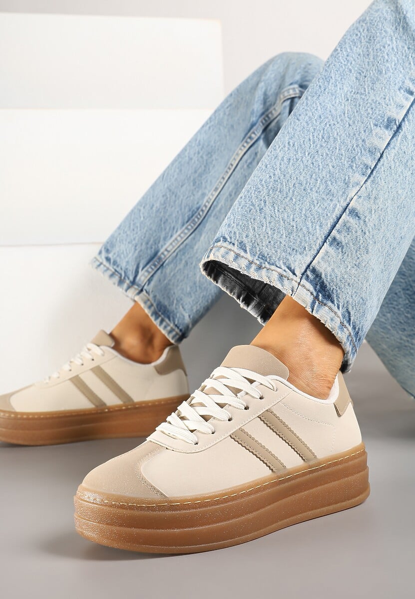 Beżowe Sneakersy na Tłoczonej Platformie Ozdobione Paskami Felainora