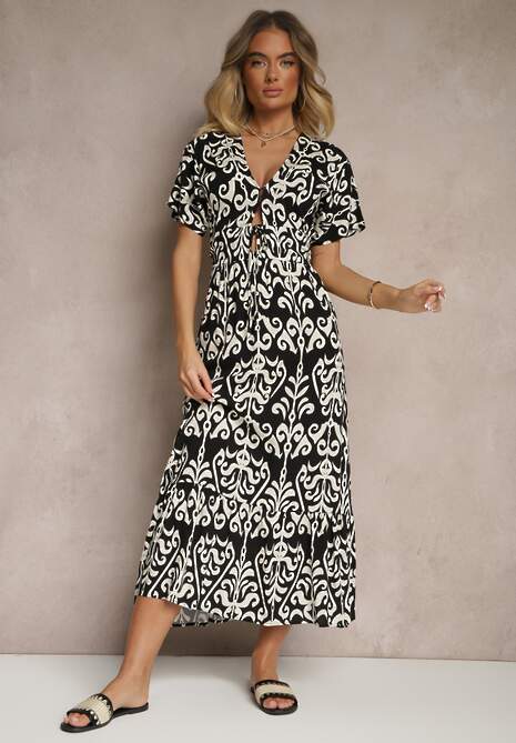Czarna Wiskozowa Sukienka z Abstrakcyjnym Wzorem Tuledia