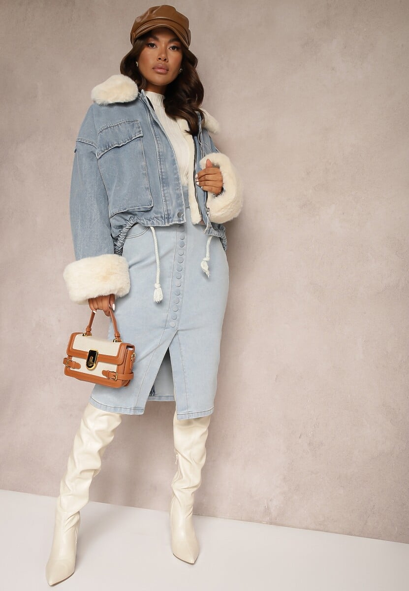 Szara Jeansowa Spódnica Ołówkowa Midi z Guzikami i Rozcięciem Jackiesa