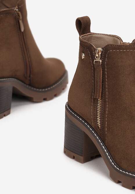 Ciemnobrązowe Botki na Słupku Boho z Suwakiem Kodra