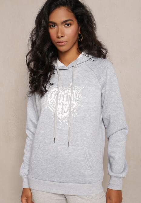 Jasnoszara Klasyczna Bluza z Nadrukiem na Przodzie i Kapturem Inalle