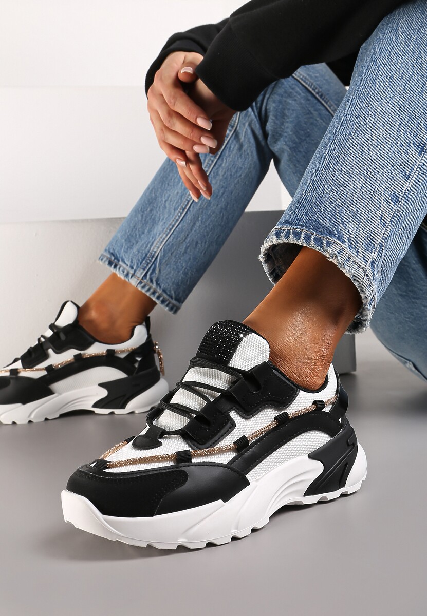 Białe Sneakersy  z Ozdobnym Sznurkiem z Cyrkoniami Saerina