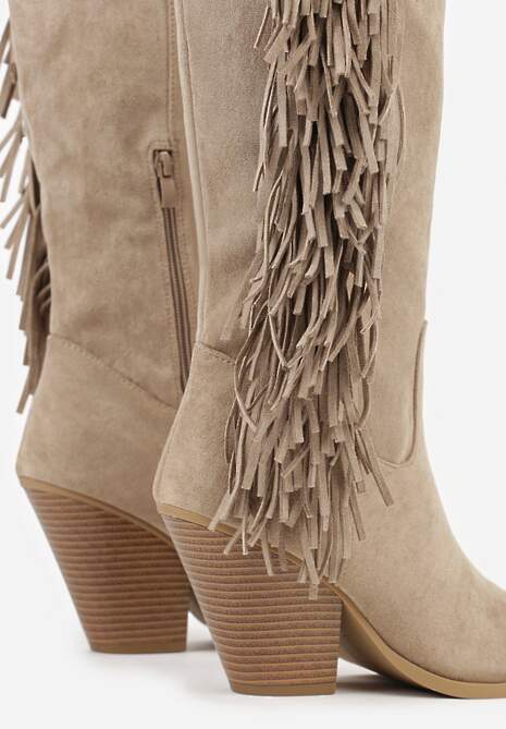 Ciemnobeżowe Kozaki Kowbojki z Imitacji Zamszu z Frędzlami i Stożkowym Obcasem Rafilea