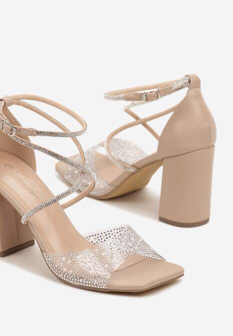 Beżowe Sandały na Słupku Ozdobione Cyrkoniami Fodea