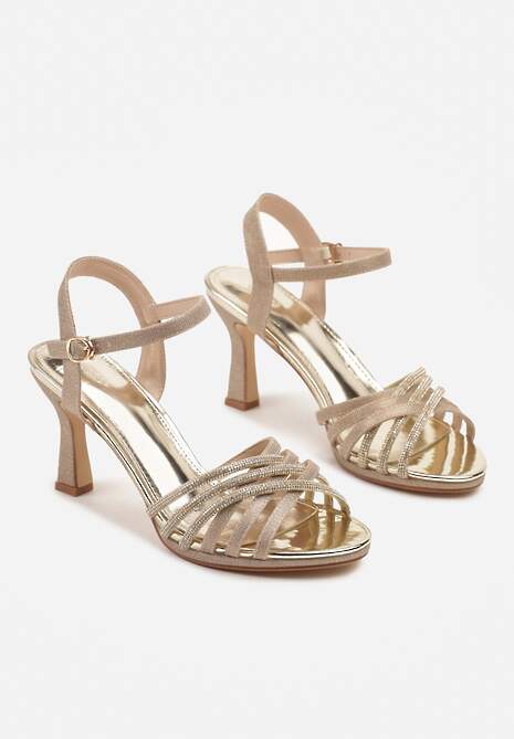 Złote Sandały Vices na Szpilce Ozdobione Brokatem i Cyrkoniami Ulonissela