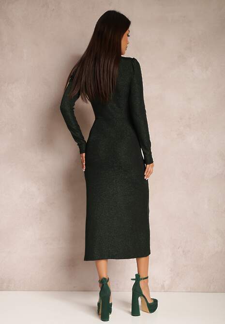 Ciemnozielona Sukienka Dopasowana z Marszczeniem i Kopertowym Dekoltem Vosso