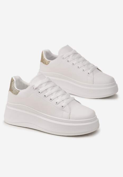 Biało-Złote Sneakersy Ozdobione Brokatem na Platformie Aeliris