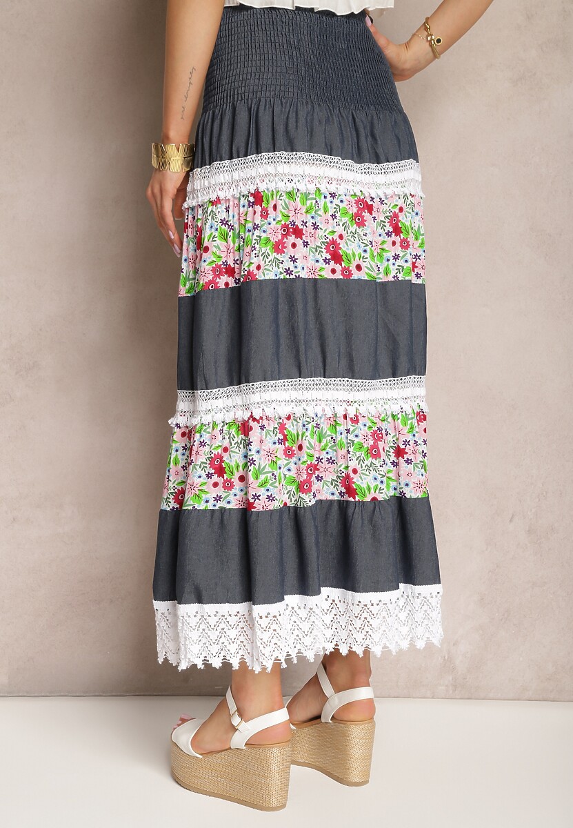 Granatowo-Biała Bawełniana Spódnica High Waist z Gumką w Talii i Ozdobną Koronką Tesaquin