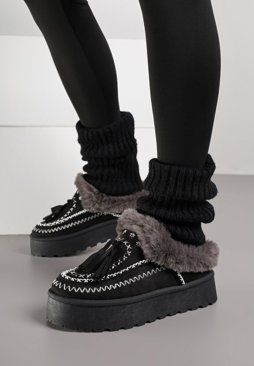 Czarne Śniegowce na Platformie Ozdobione Frędzlami i Haftem Ezivelle