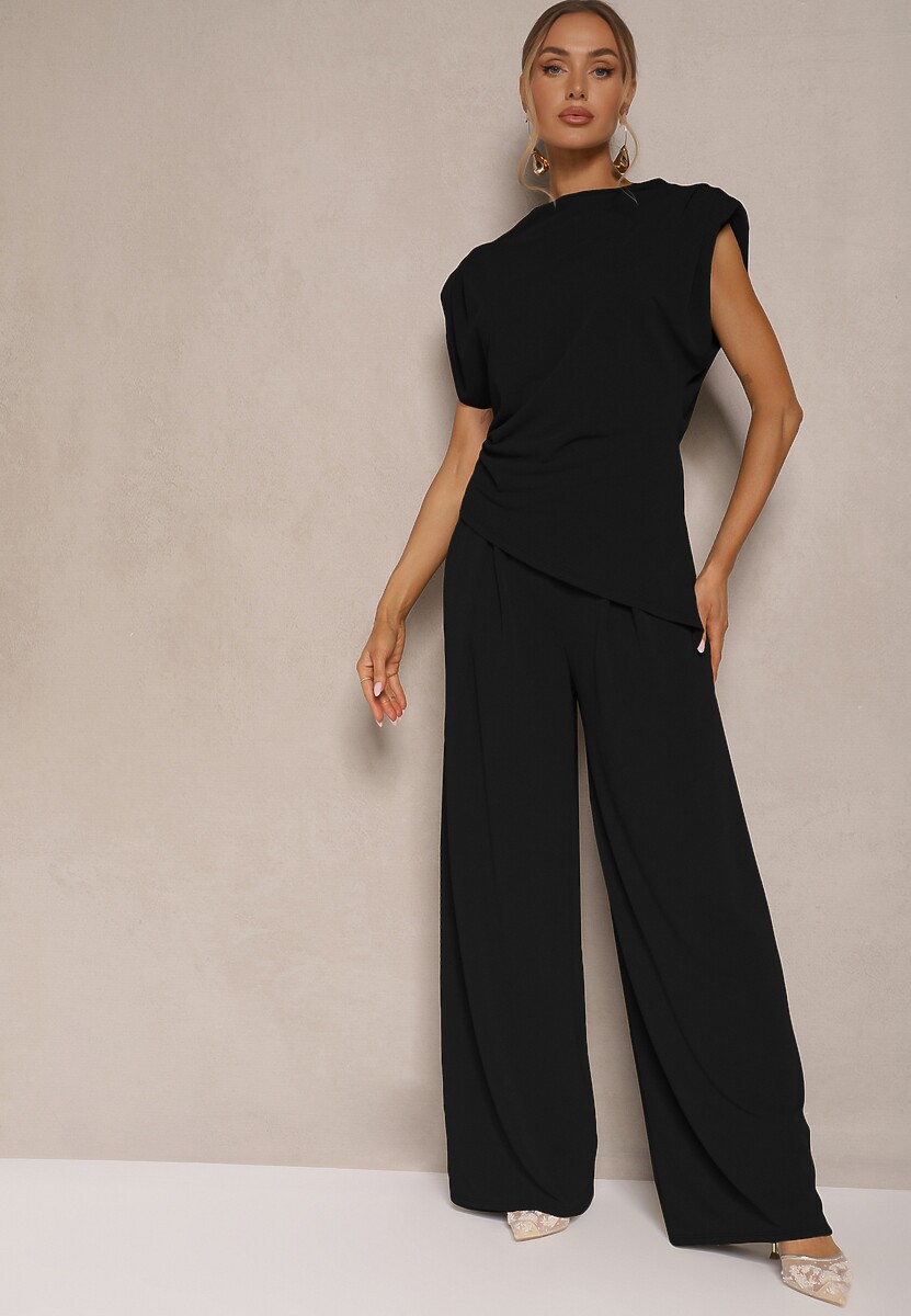 Czarny Komplet Bluzka z Poduszkami w Ramionach i Proste Spodnie z Gumką w Pasie Divanes