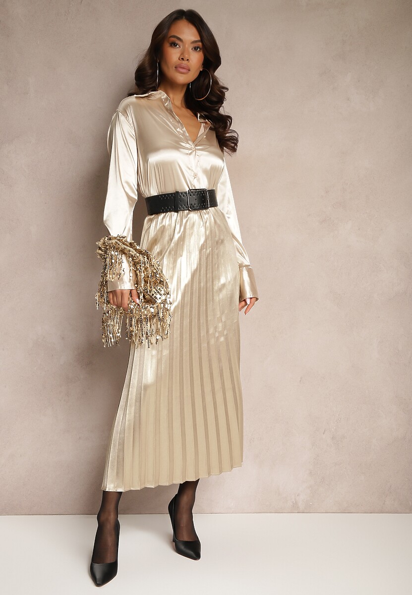 Beżowa Połyskująca Spódnica Plisowana Maxi Vilira
