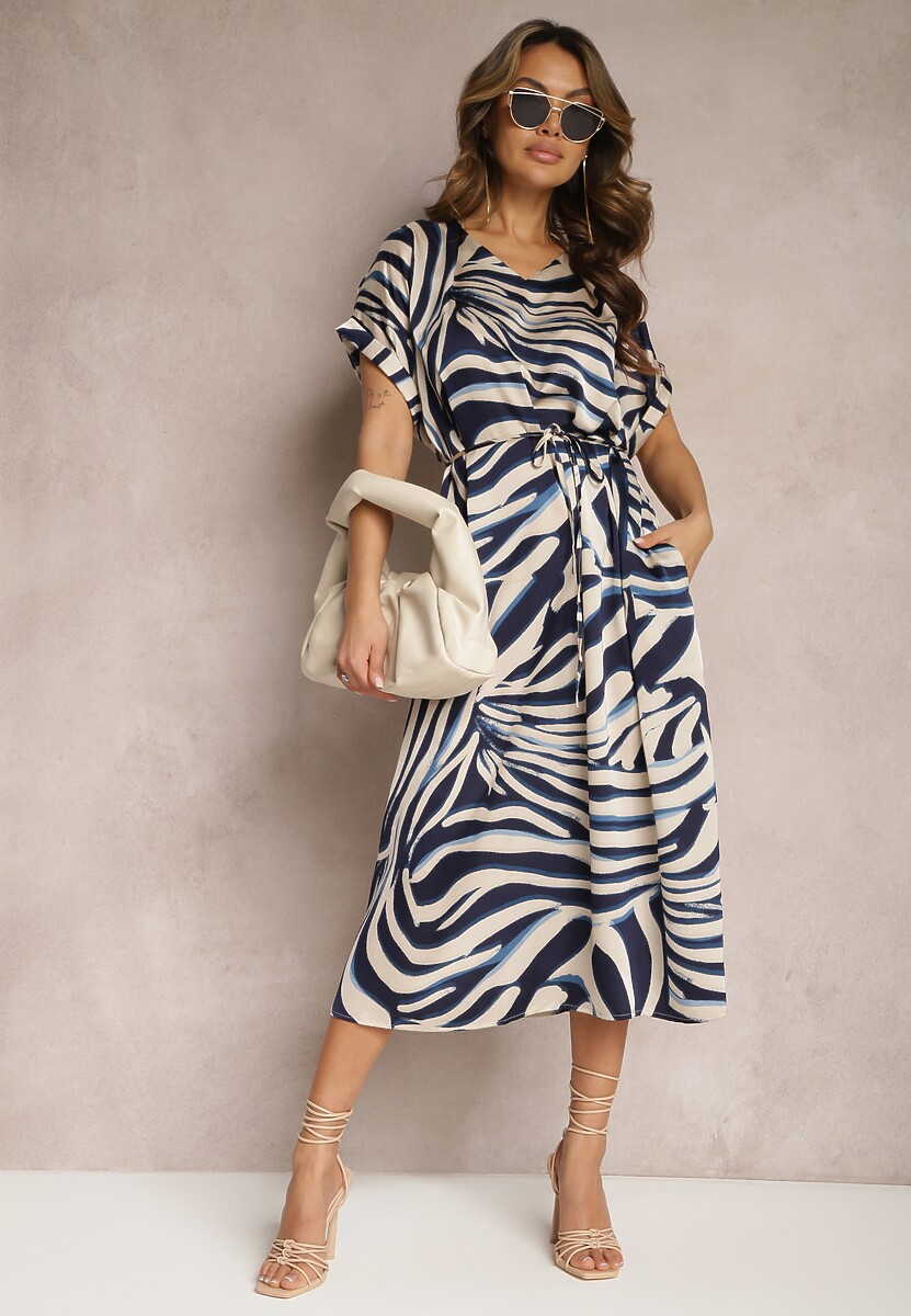 Beżowo-Granatowa Midi Sukienka Pudełkowa w Animal Print z Paskiem Avula