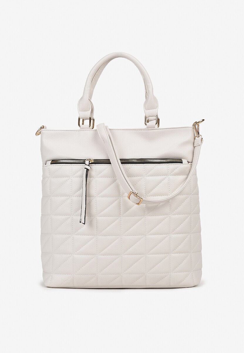 Jasnobeżowa Torebka z Pikowaniem z Rączkami i Regulowanym Paskiem Ozdobiona Kieszonką na Suwak Bavela