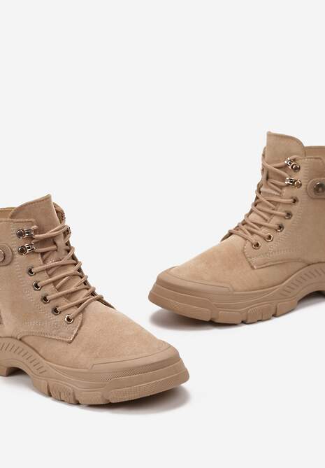 Brązowe Sznurowane Traperki z Ekozamszu z Suwakiem i Paskiem z Napisami Dikofena