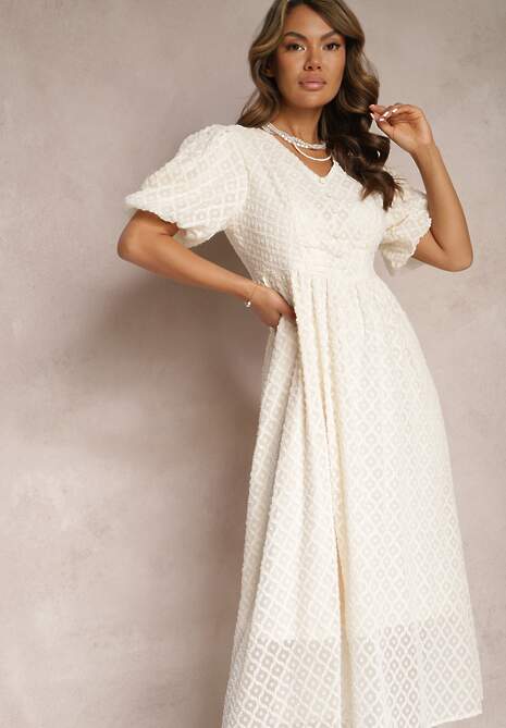 Beżowa Rozkloszowana Sukienka Haftowana Maxi z Krótkim Rękawem Garneta