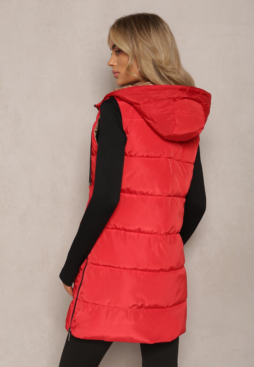 Czerwona Długa Kamizelka Pikowana Dwustronna ze Sznurkami przy Kapturze Frenila