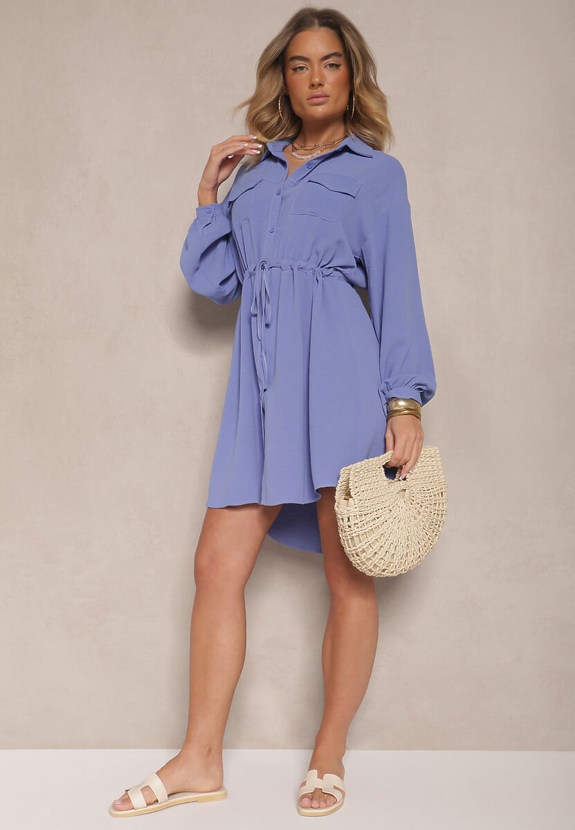 Niebieska Sukienka Koszulowa z Bawełną Ozdobiona Wiązaniem Uladrisa