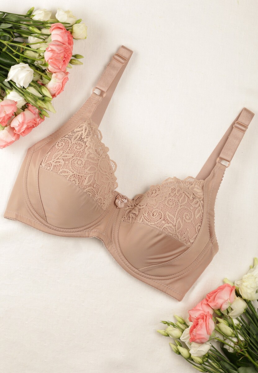 Ciemnobeżowy Koronkowy Biustonosz z Ramiączkami z Regulacją Allis