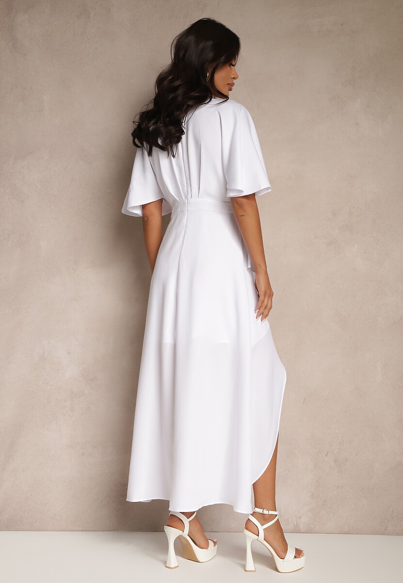 Jasnobeżowa Asymetryczna Sukienka Koktajlowa Vices Ozdobiona Falbanką Nelioraia