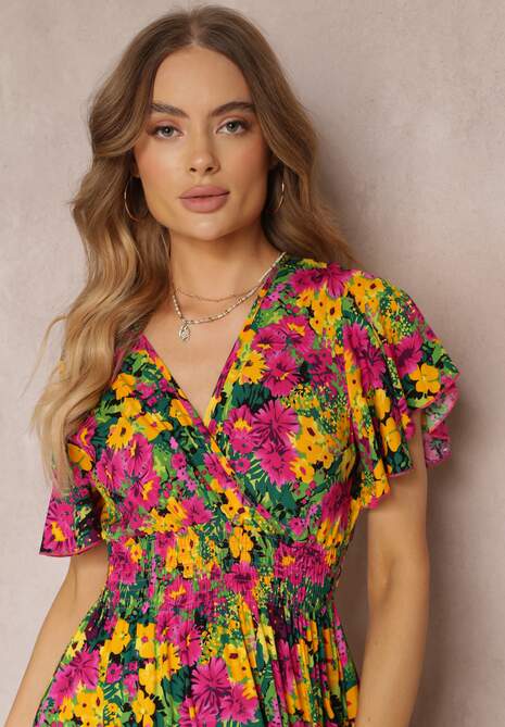 Żółto-Fuksjowa Rozkloszowana Sukienka Maxi z Gumką w Pasie z Wiskozy Femia