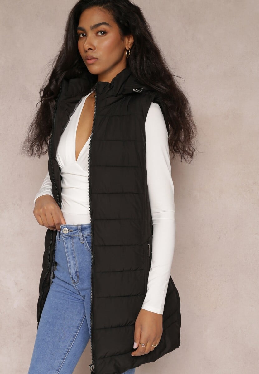 Czarna Kamizelka Długa Pikowana z Kapturem Savisuk