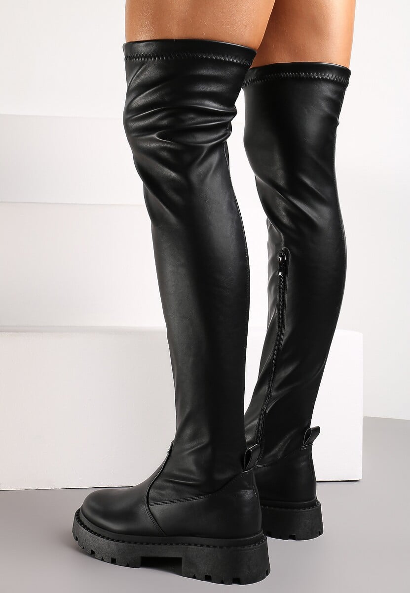 Czarne Kozaki za Kolano na Grubej Podeszwie Dolce