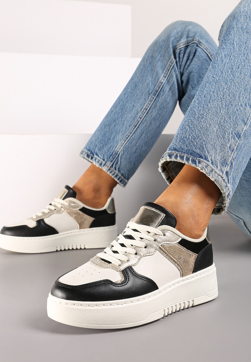 Czarno-Beżowe Sneakersy na Platformie Ozdobione Metalicznymi Elementami Miaraena