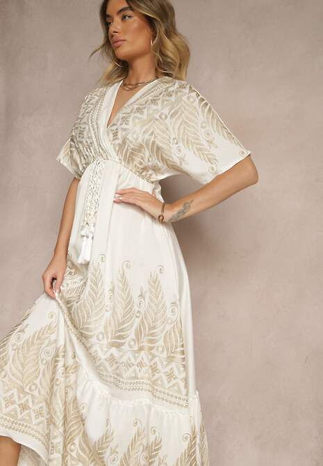 Biała Wiskozowa Sukienka Boho o Kopertowym Kroju z Metalicznym Haftem Redeselle