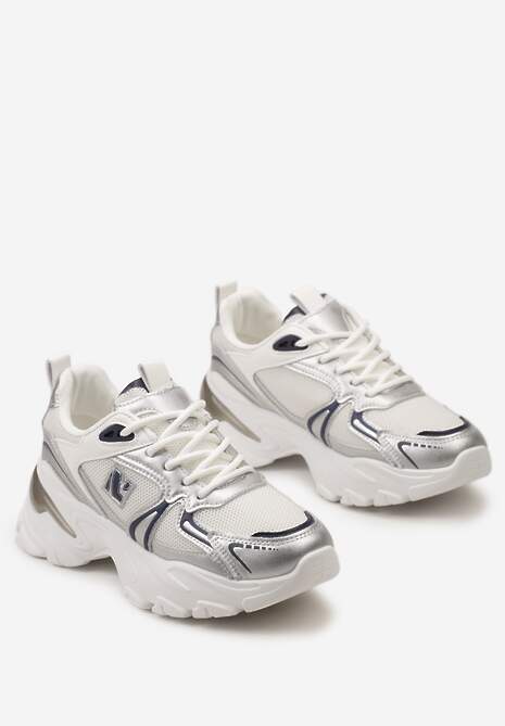 Biało-Srebrne Sznurowane Sneakersy z Ekoskóry na Grubej Podeszwie z Siateczkową Wstawką Aldaria
