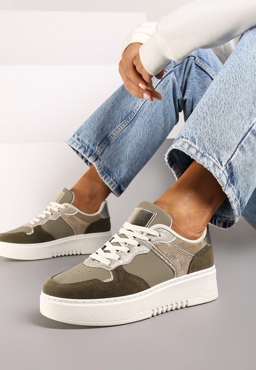 Ciemnozielone Sneakersy na Platformie Ozdobione Metalicznymi Elementami Miaraena