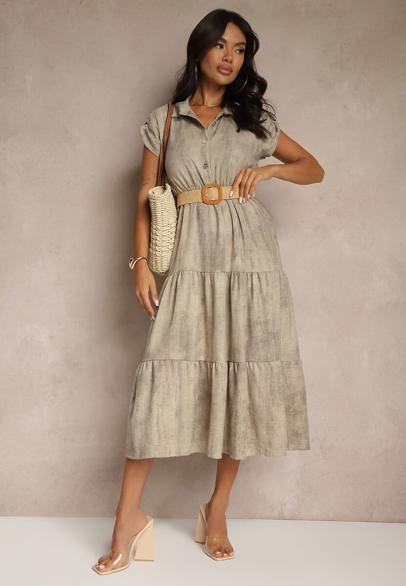 Jasnobeżowa Sukienka z Guzikami i Paskiem z Plecionki Fillona