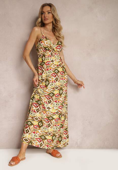 Żółto-Zielona Wiskozowa Sukienka z Dekoltem w Serek z Regulowanymi Ramiączkami i Gumką w Talii Bellastar