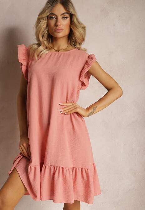 Różowa Sukienka o Rozkloszowanym Kroju z Krótkim Rękawem i Falbankami Lavolia