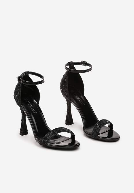 Czarne Brokatowe Sandały na Klepsydrowej Szpilce z Drobnymi Cyrkoniami Isoldis