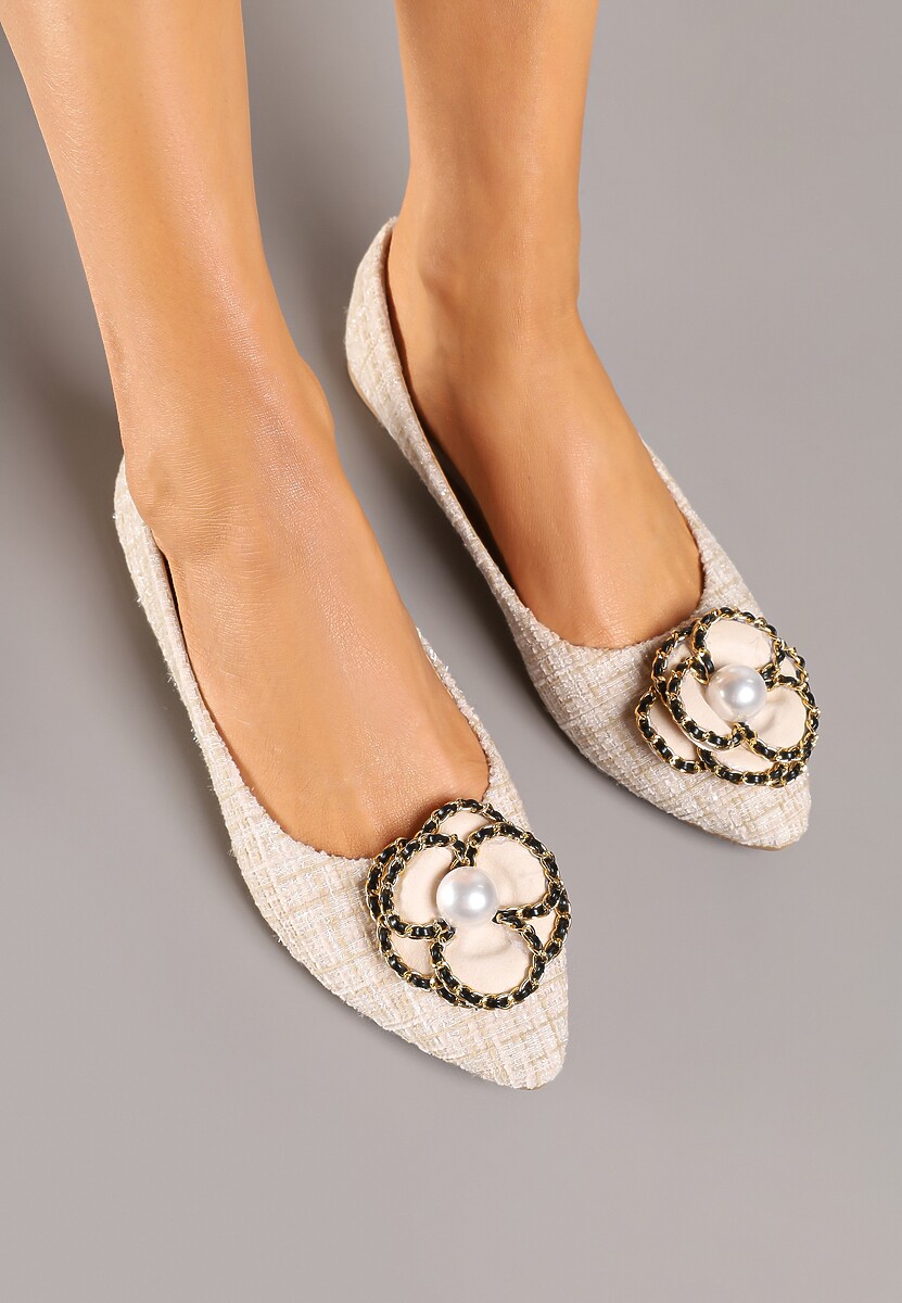 Beżowe Balerinki Tweedowe Ozdobione Perełkami Ulioriela