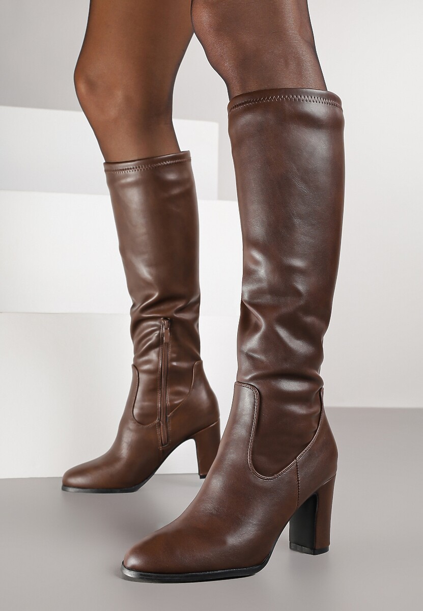 Brązowe Kozaki na Słupku z Przylegającą Cholewką Alovire