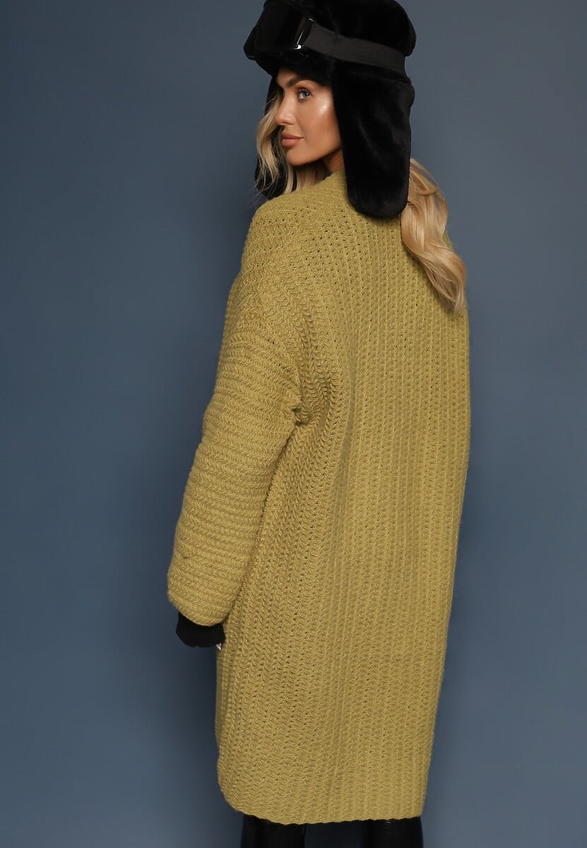 Zielony Kardigan Bez Zapięć Zdobiony Luźnym Splotem i Wsuwanymi Kieszeniami Calineth