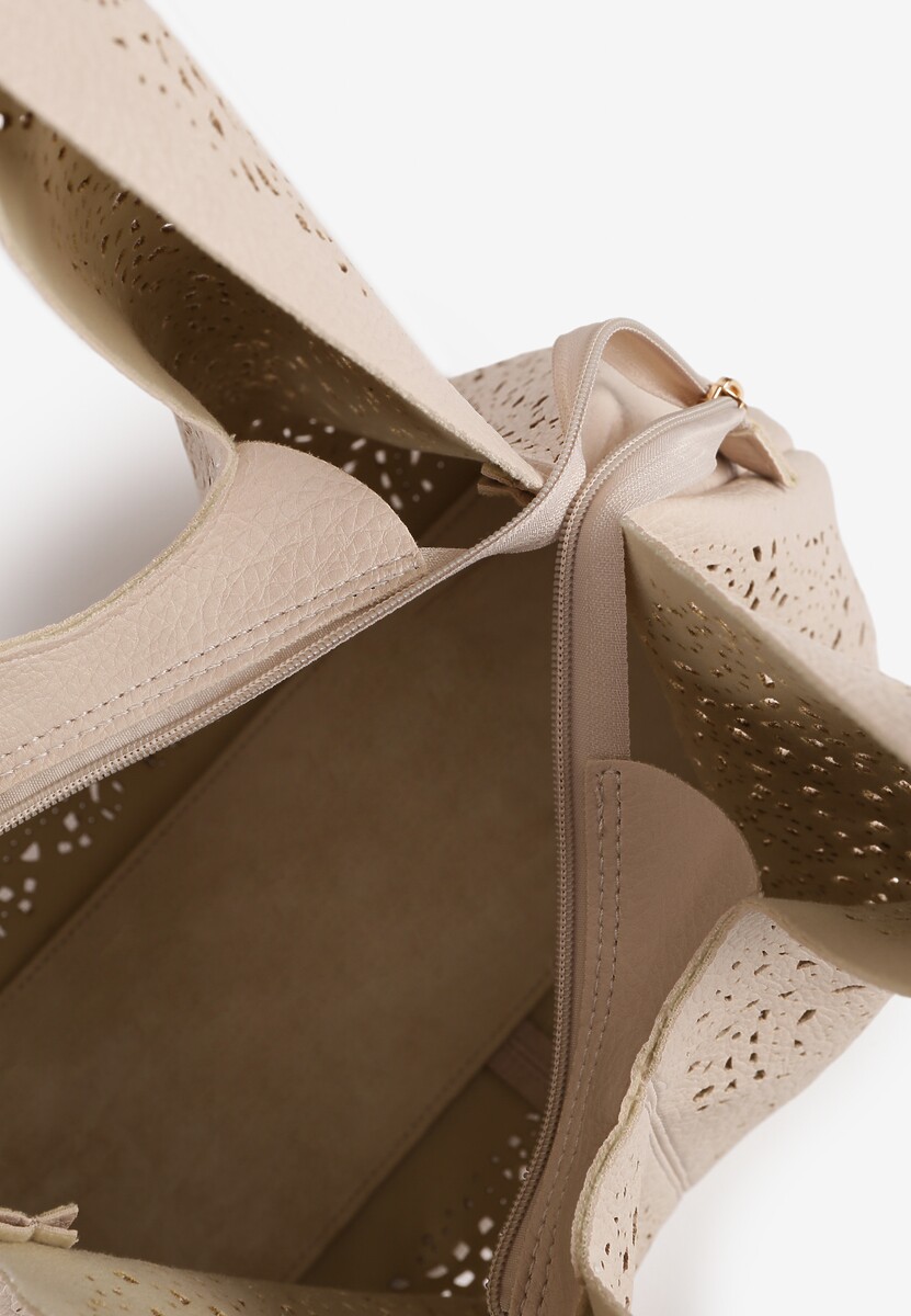 Beżowa Torebka Hobo Zdobiona Ażurową Perforacją z Dodatkową Saszetką Frolana