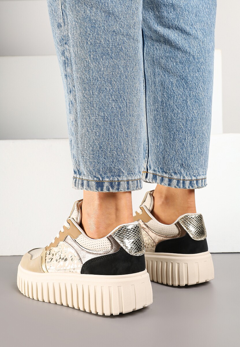 Beżowe Sneakersy na Platformie z Tłoczeniami Zdobione Panterkowym Printem Herraza