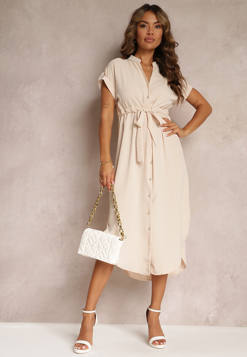 Beżowa Sukienka Koszulowa z Krótkim Rękawem Yasminine