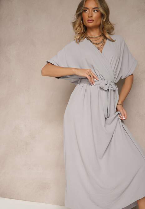 Szara Rozkloszowana Sukienka z Bawełną i Paskiem Lunapinia