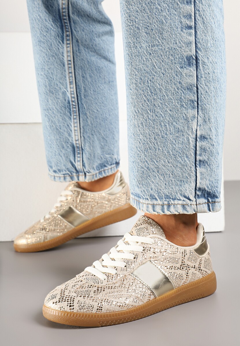 Złote Wężowe Sneakersy Tenisówki w Kultowym Stylu Neolithaen