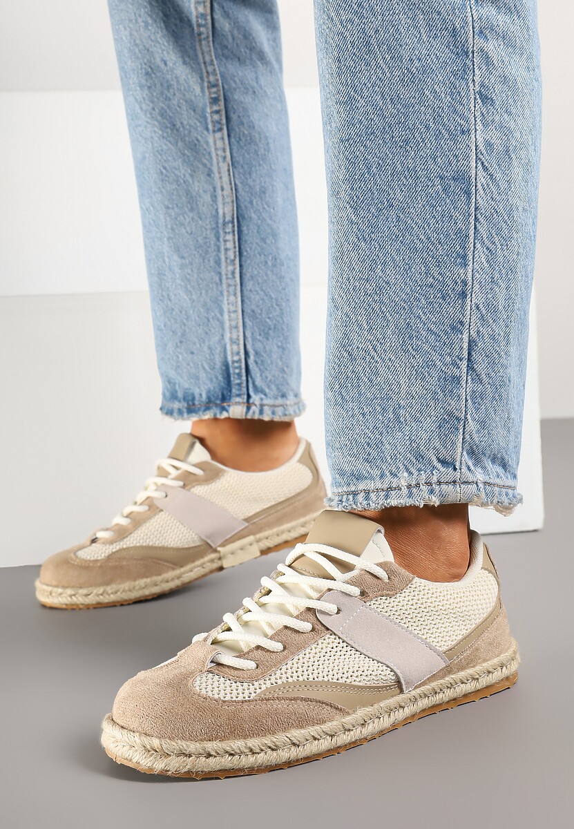 Ciemnobeżowe Sneakersy Typu Kultowe Tenisówki Zdobione Przeszyciami Grelloti